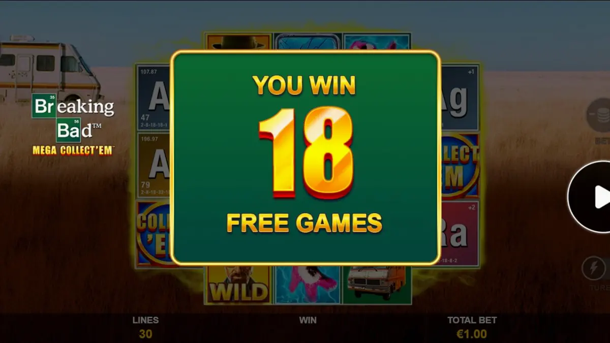 Breaking Bad Mega Collect’Em slot machine interface featuring iconic desert theme and chemistry equipment symbols.